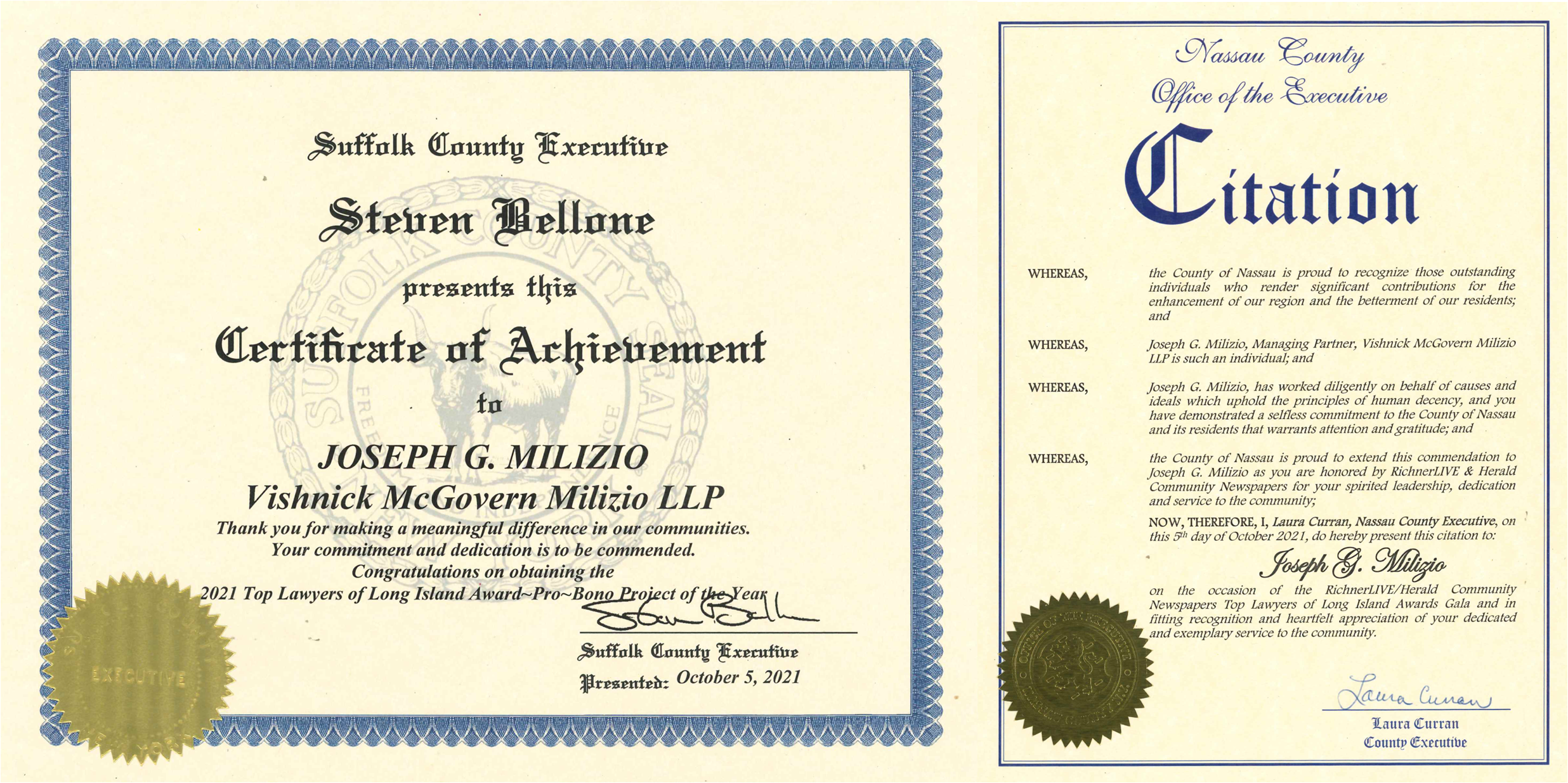 Partner Joseph Milizio Awarded Special Honors by Nassau and Suffolk County Executives